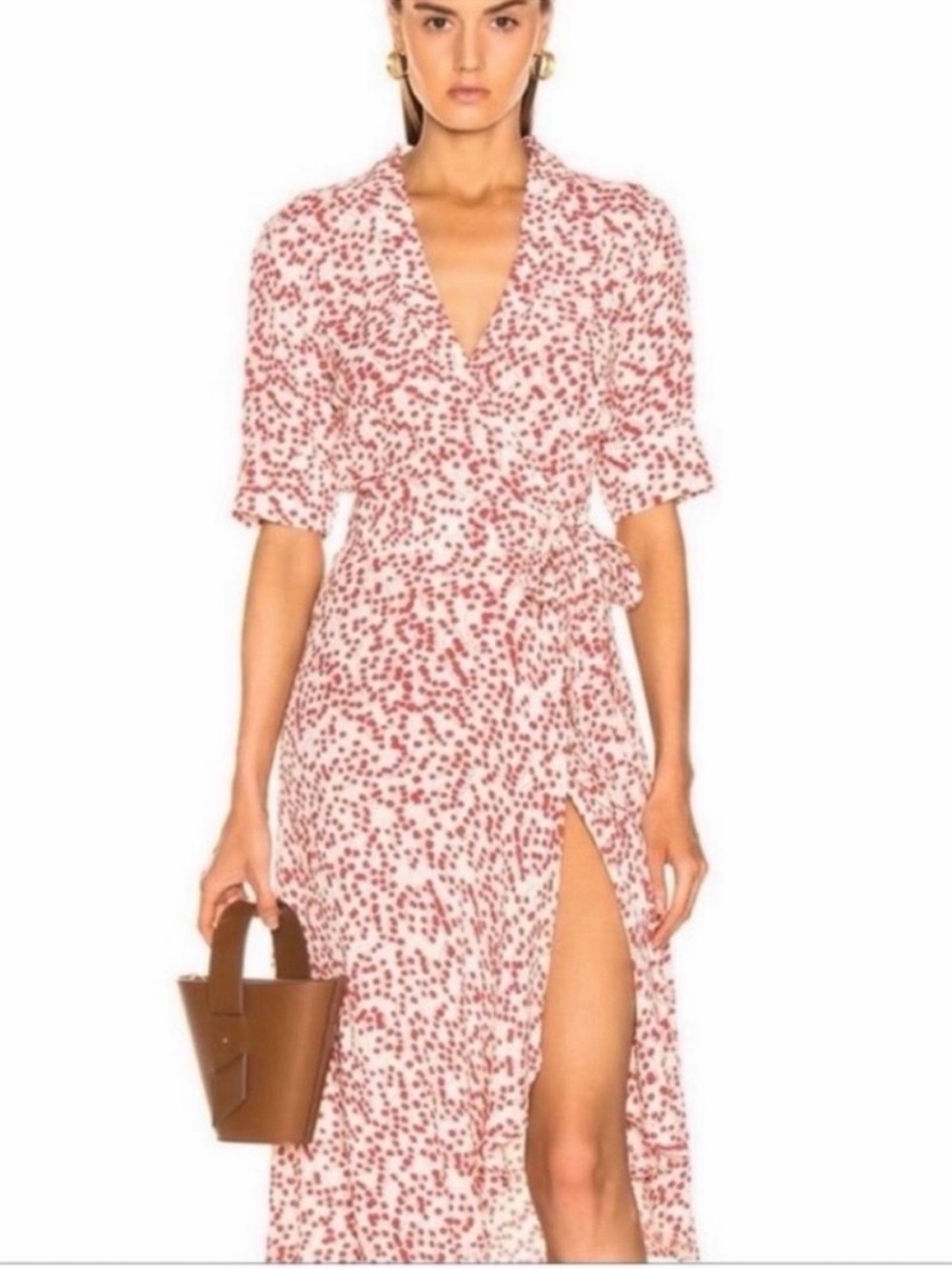 GANNI Goldstone Crepe Wrap Midi Dress Egret Florals Red And Cream Sz 38 US 6 NEW